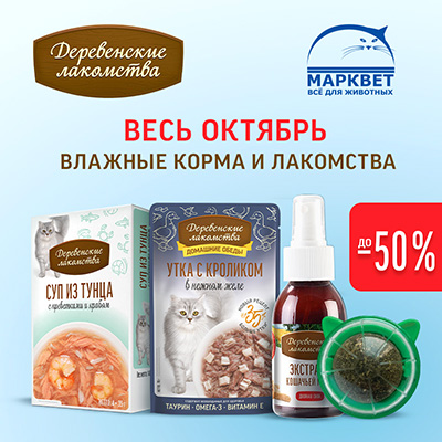 ДЕРЕВЕНСКИЕ ЛАКОМСТВА - скидки до 50% на паучи и лакомства для кошек!
